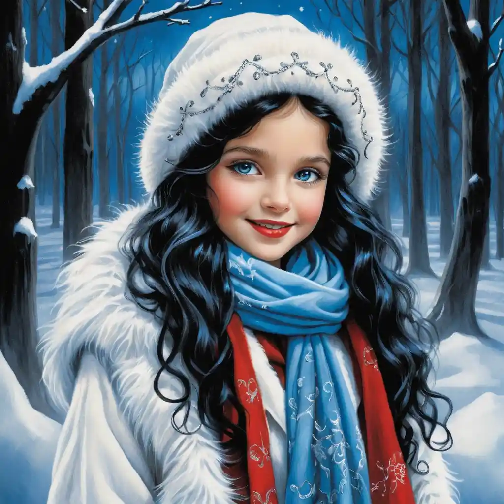 Smiling curly haired girl in a snowy winter coat