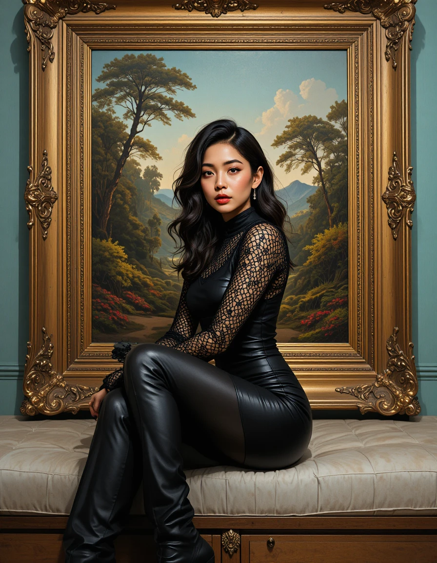 Asian woman in black lace outfit before ornate landscape painting