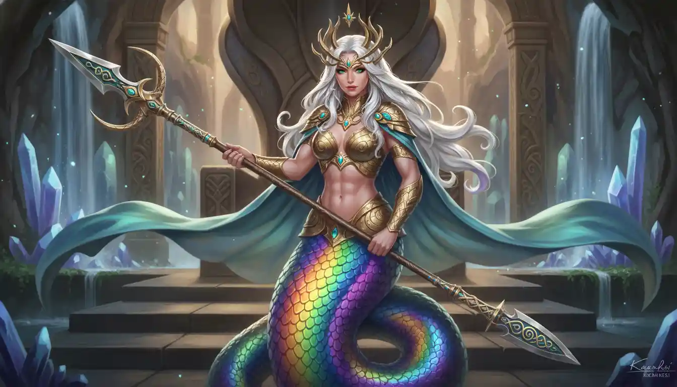 Regal rainbow scaled naga queen with royal spear