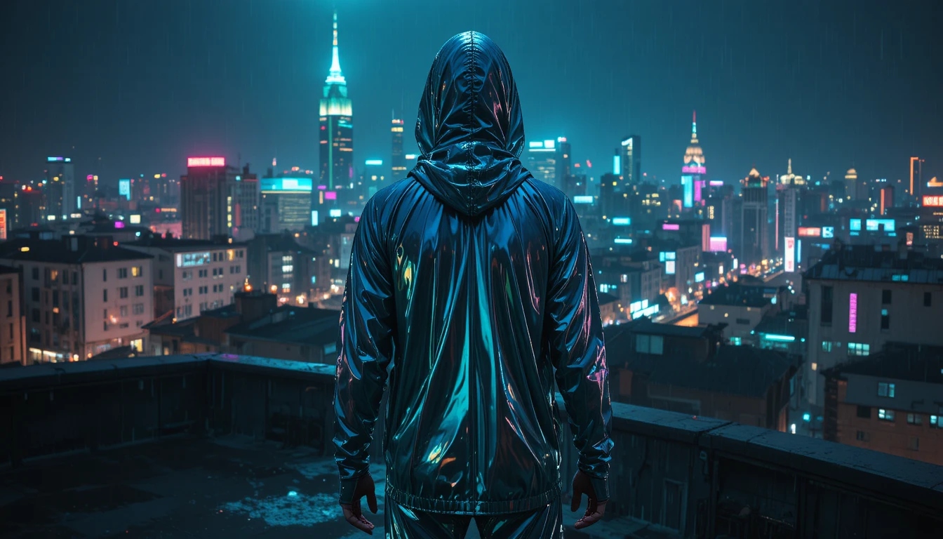 Cybernetische Frau auf einem Neon-Dach bei Nacht