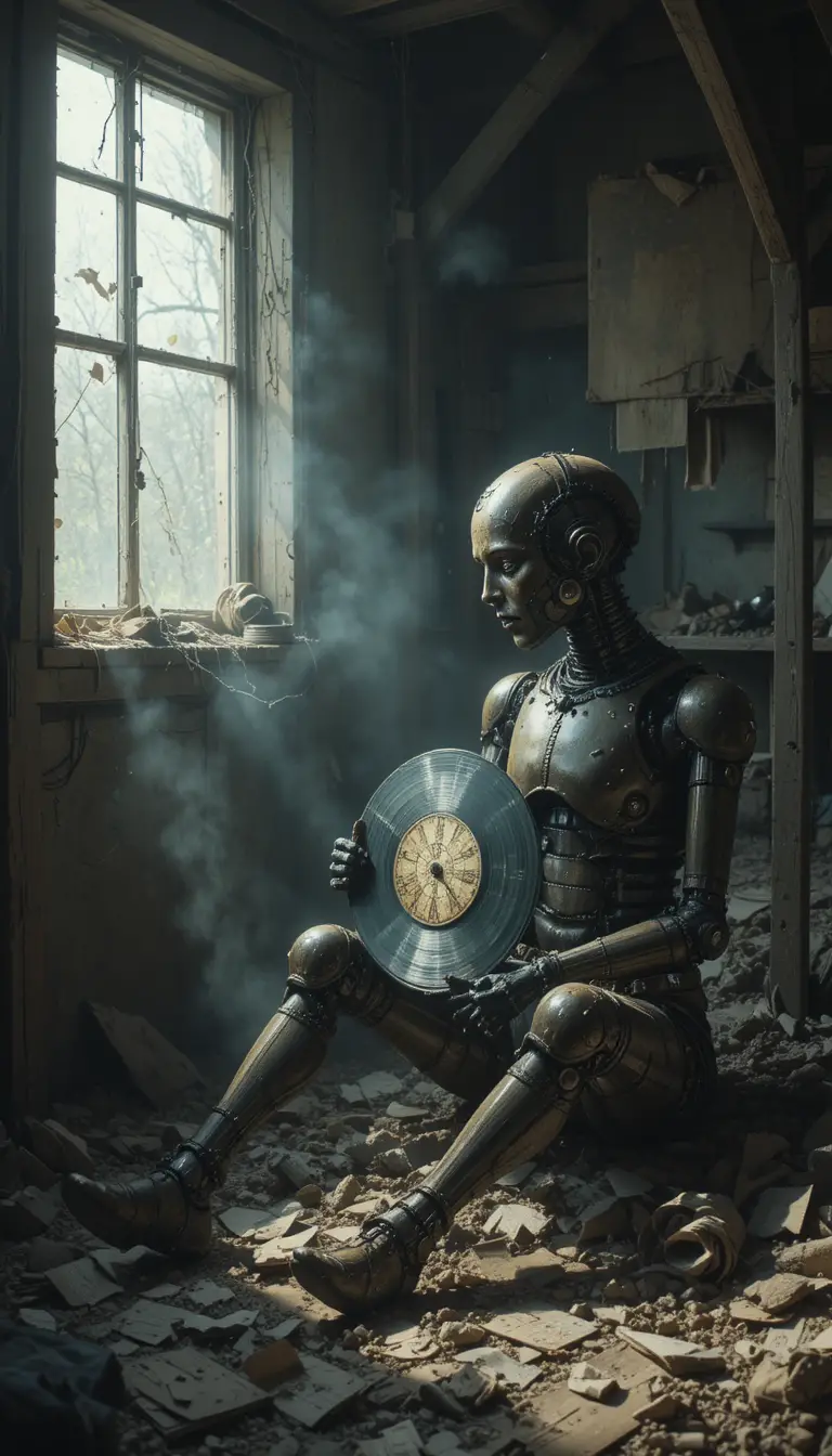 Robot de cuerda solitario con disco de vinilo en un desván polvoriento