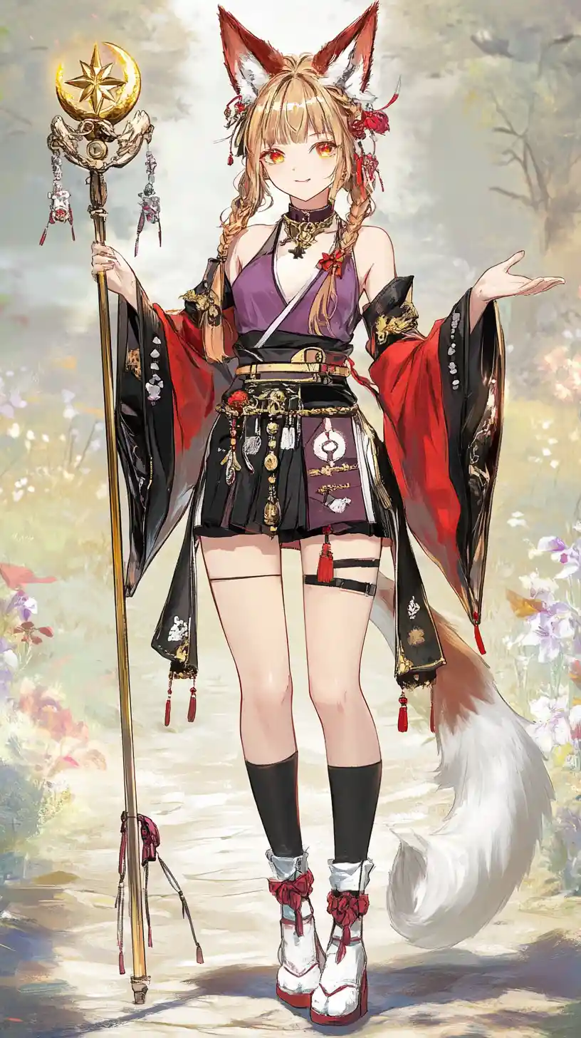 Anime girl in red blouse standing in a flower field