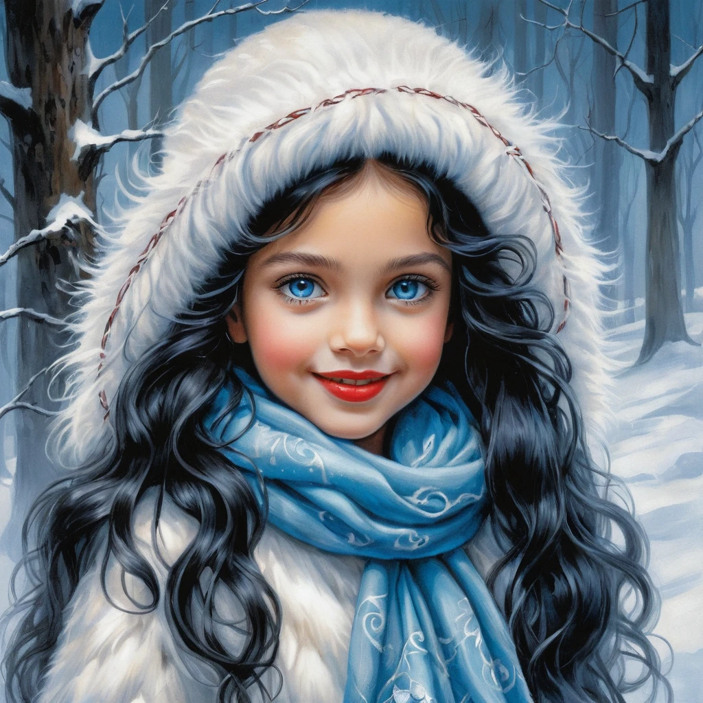 Smiling winter girl with blue eyes in white fur coat