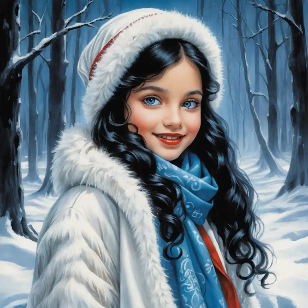 Smiling girl in white fur coat in snowy winter scene