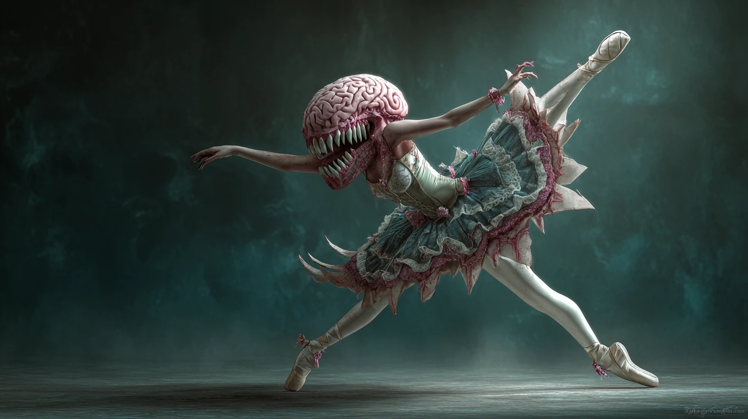 Surreal fae dancer with monstrous stomach mouth and brain