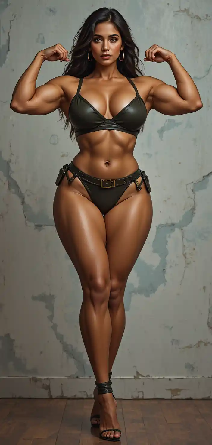 Muscular curvy young woman in revealing police uniform