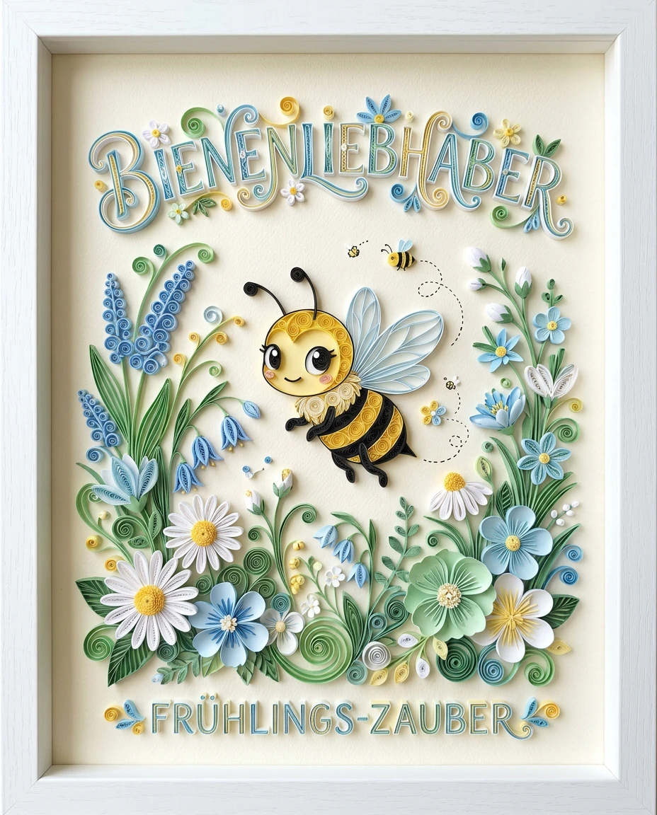 Paper quilling bee silhouette in a pastel flower garden