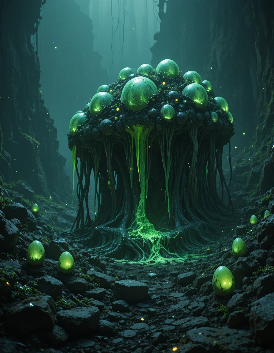 Alien predator among glowing cocoon clusters on dark world