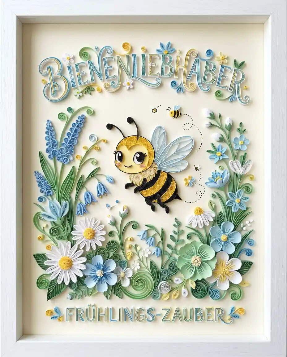 Paper quilling bee silhouette in a pastel flower garden