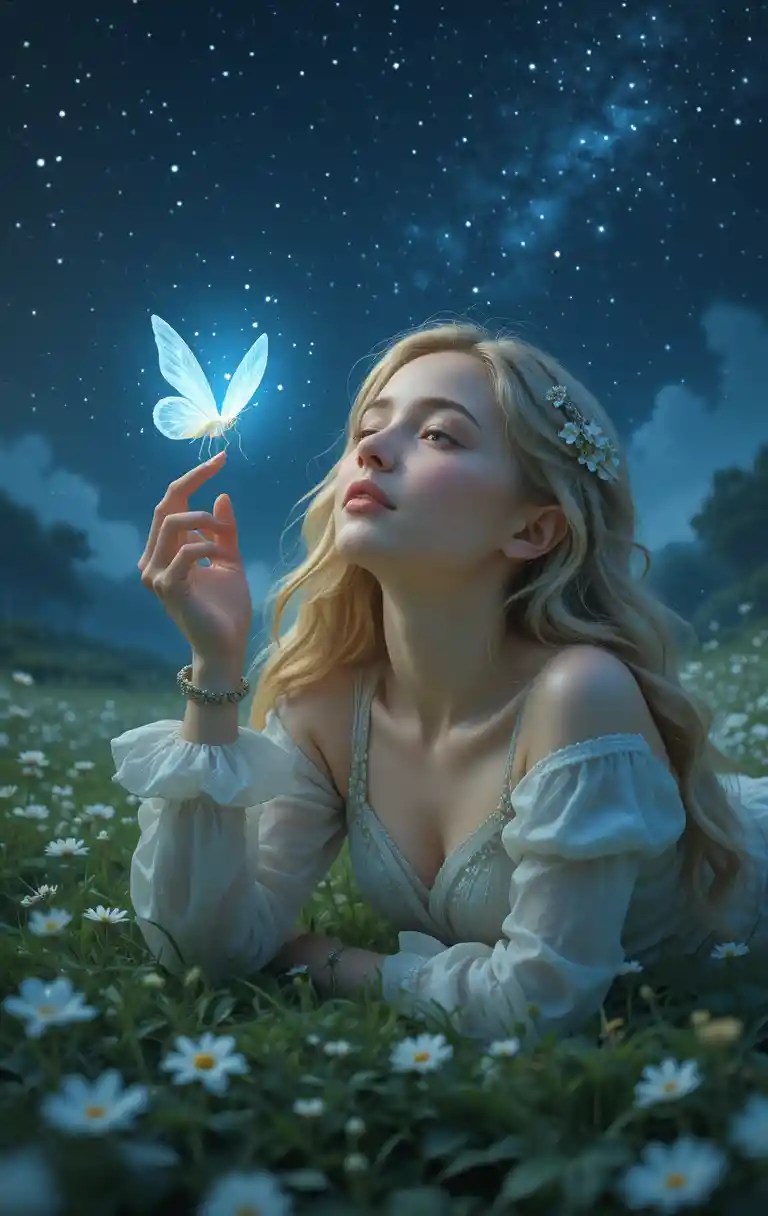Blonde girl resting in meadow under glowing night sky