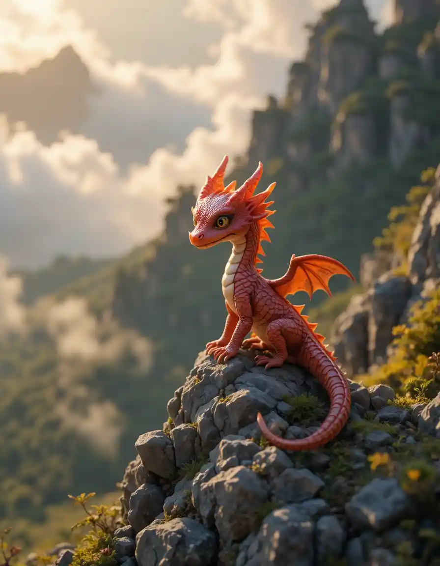 Tiny red dragon basking in sunlight on mountain peak
