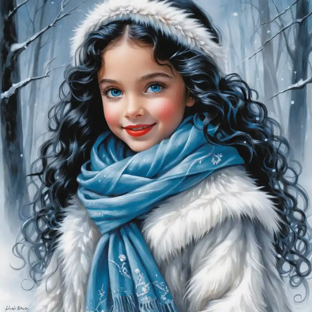 Smiling winter girl in white fur coat and scarf