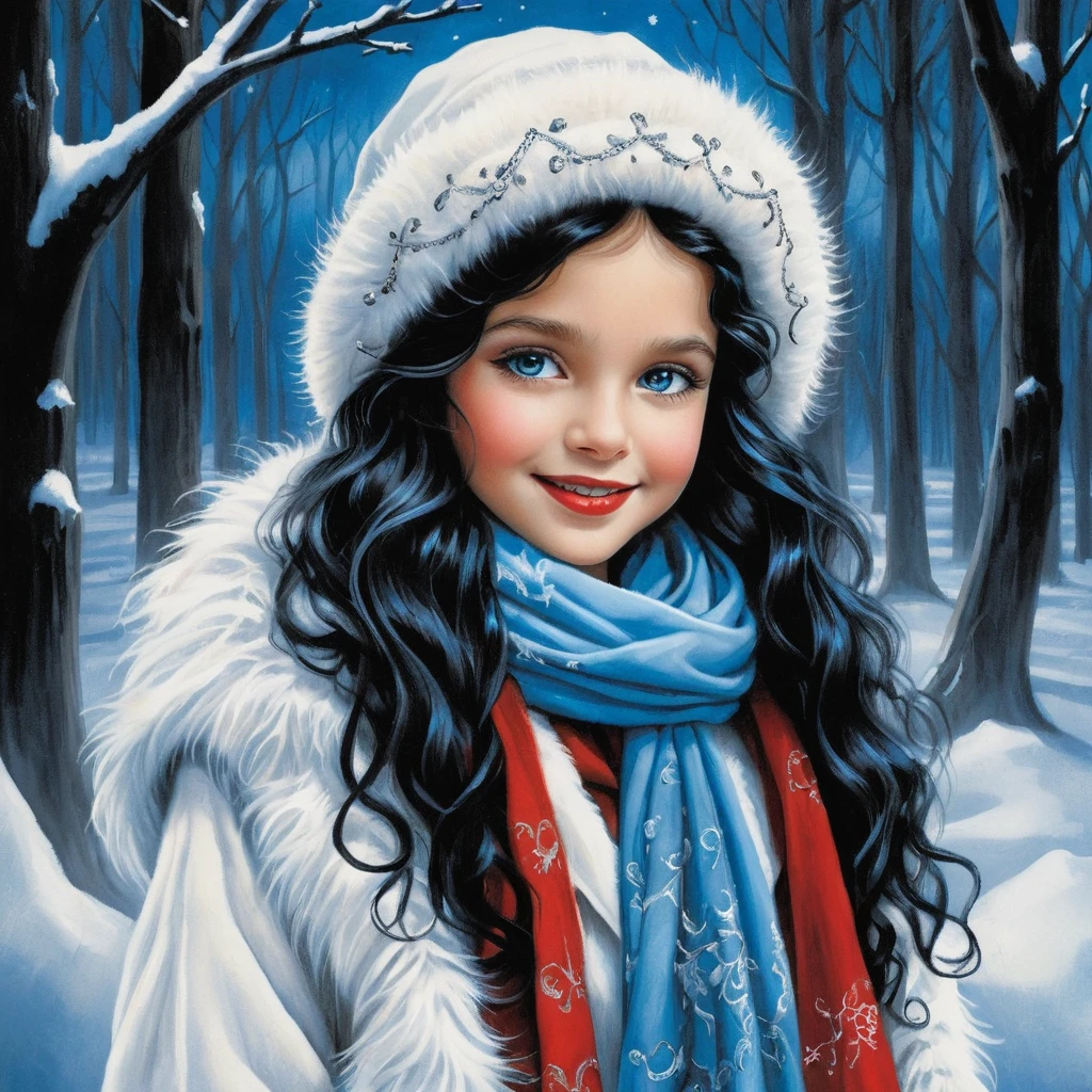 Smiling curly haired girl in a snowy winter coat