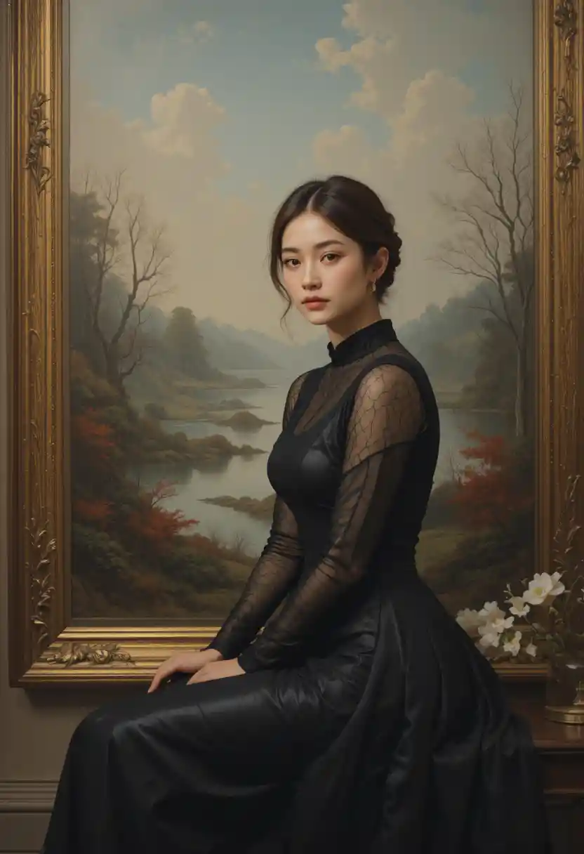 Elegant woman in black dress before ornate landscape painting