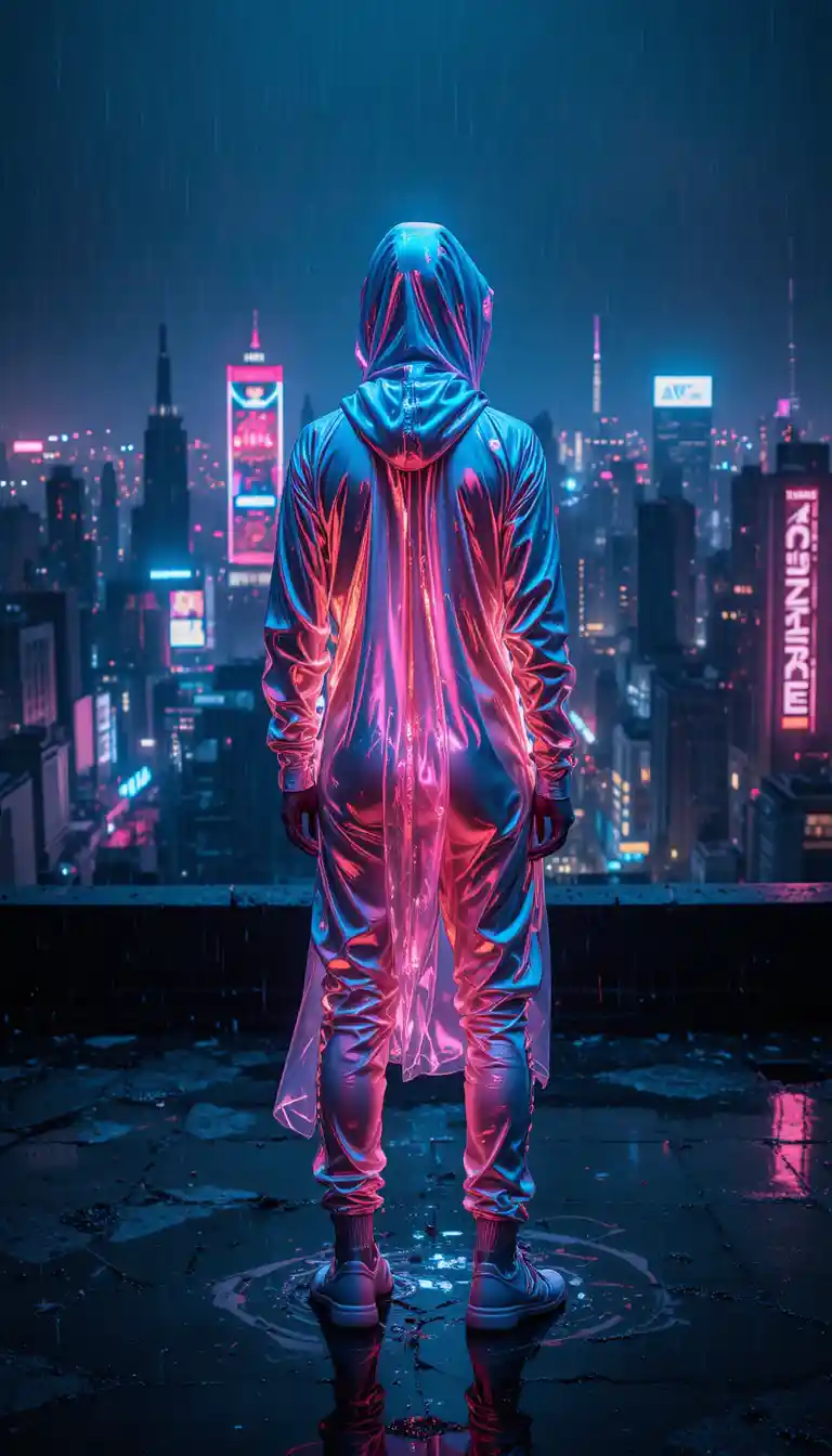 Cyberpunk woman on neon lit city rooftop at night