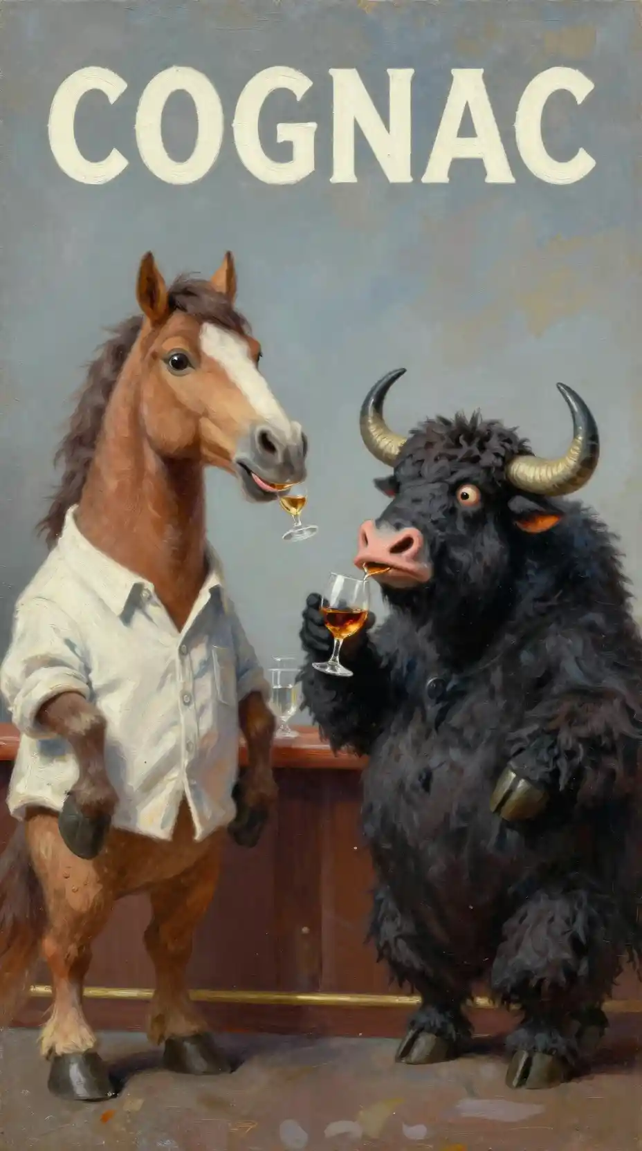 Cartoon horse and yak sharing cognac in a cozy bar