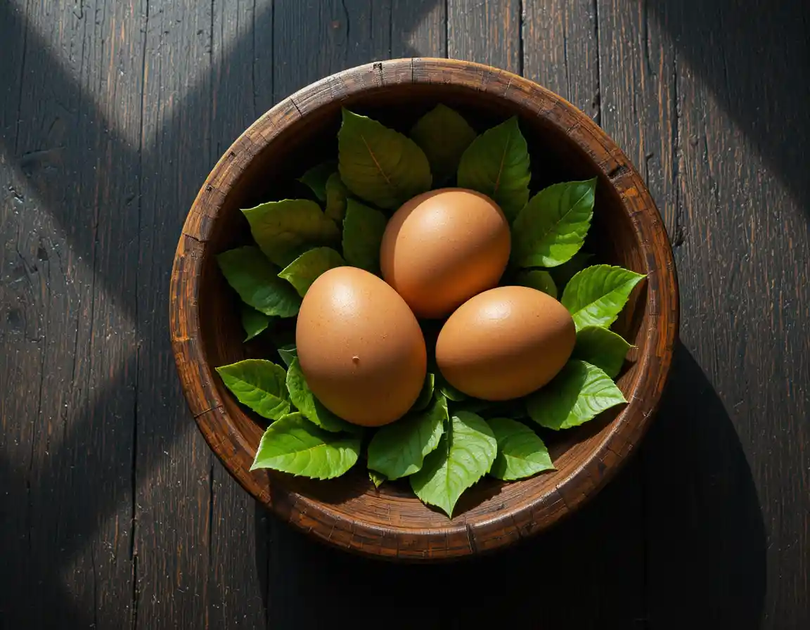 Wooden bowl with brown eggs on dark rustic tabletop
