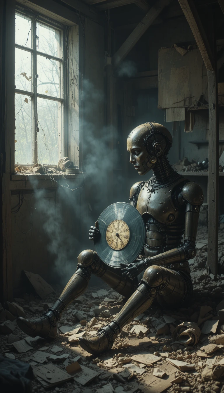 Lonely clockwork robot with vinyl record in dusty attic