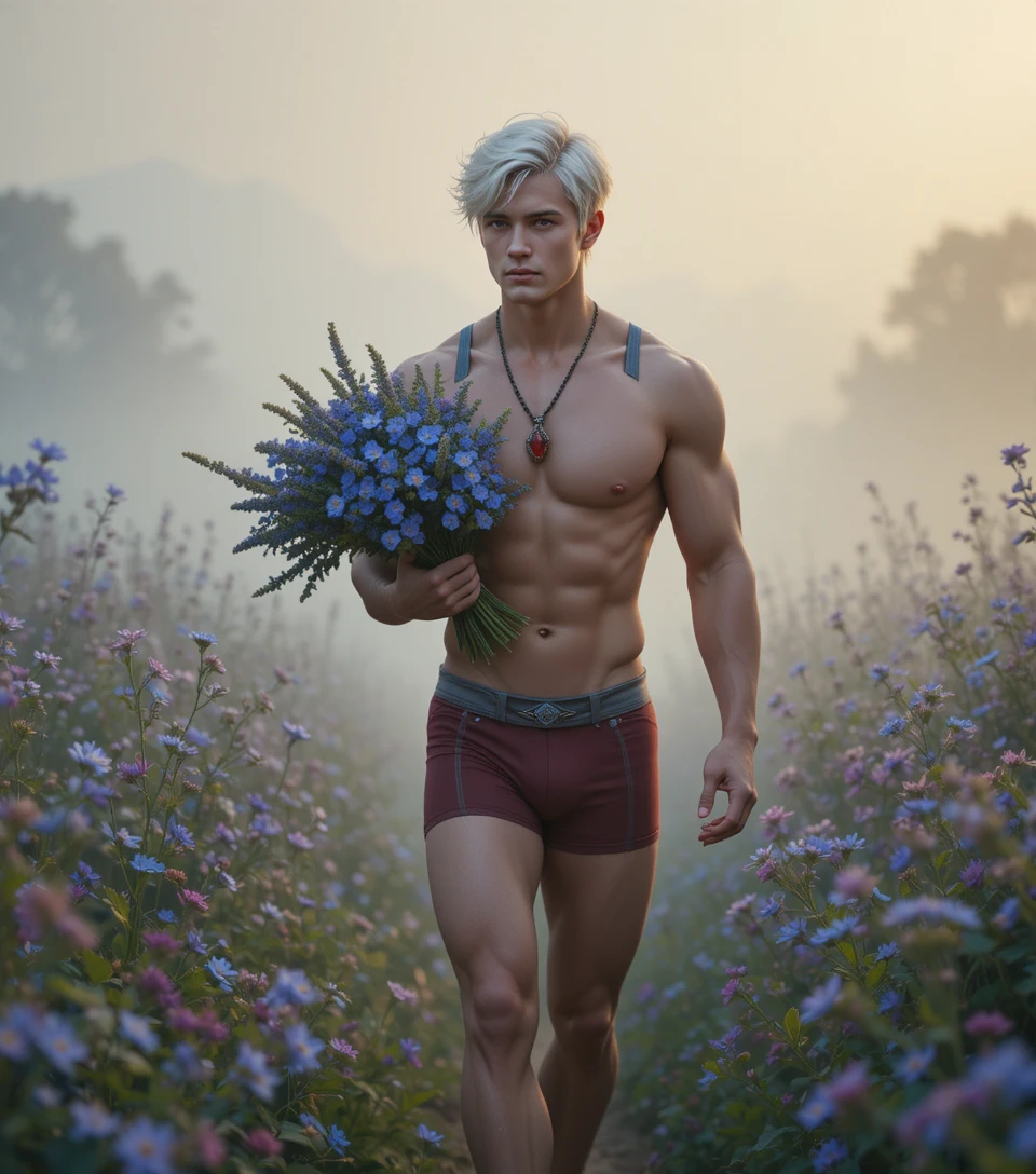 Muscular young man walking barefoot in a summer meadow