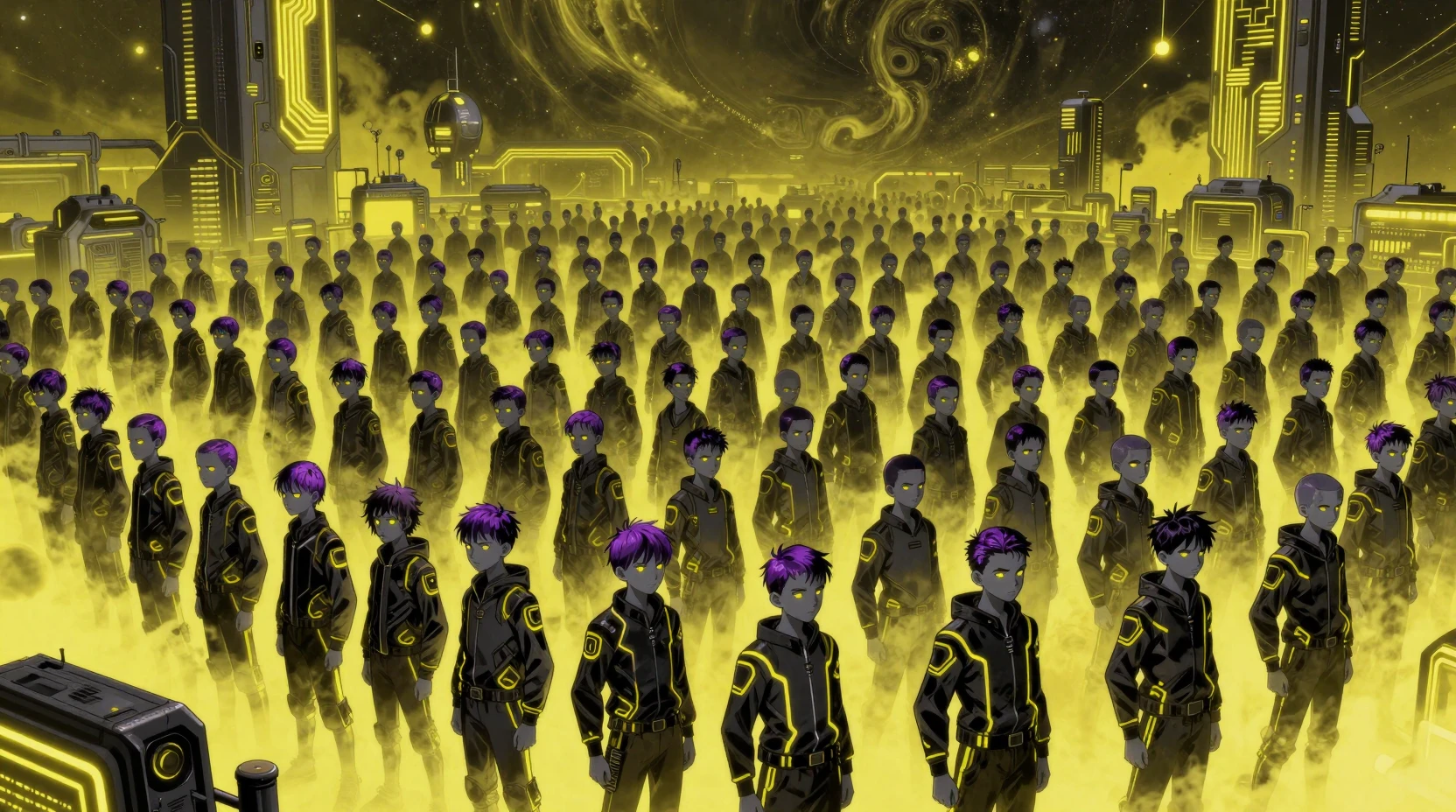 Vast Crowd Of Futuristic Teenage Boys Under Neon Yellow Sky