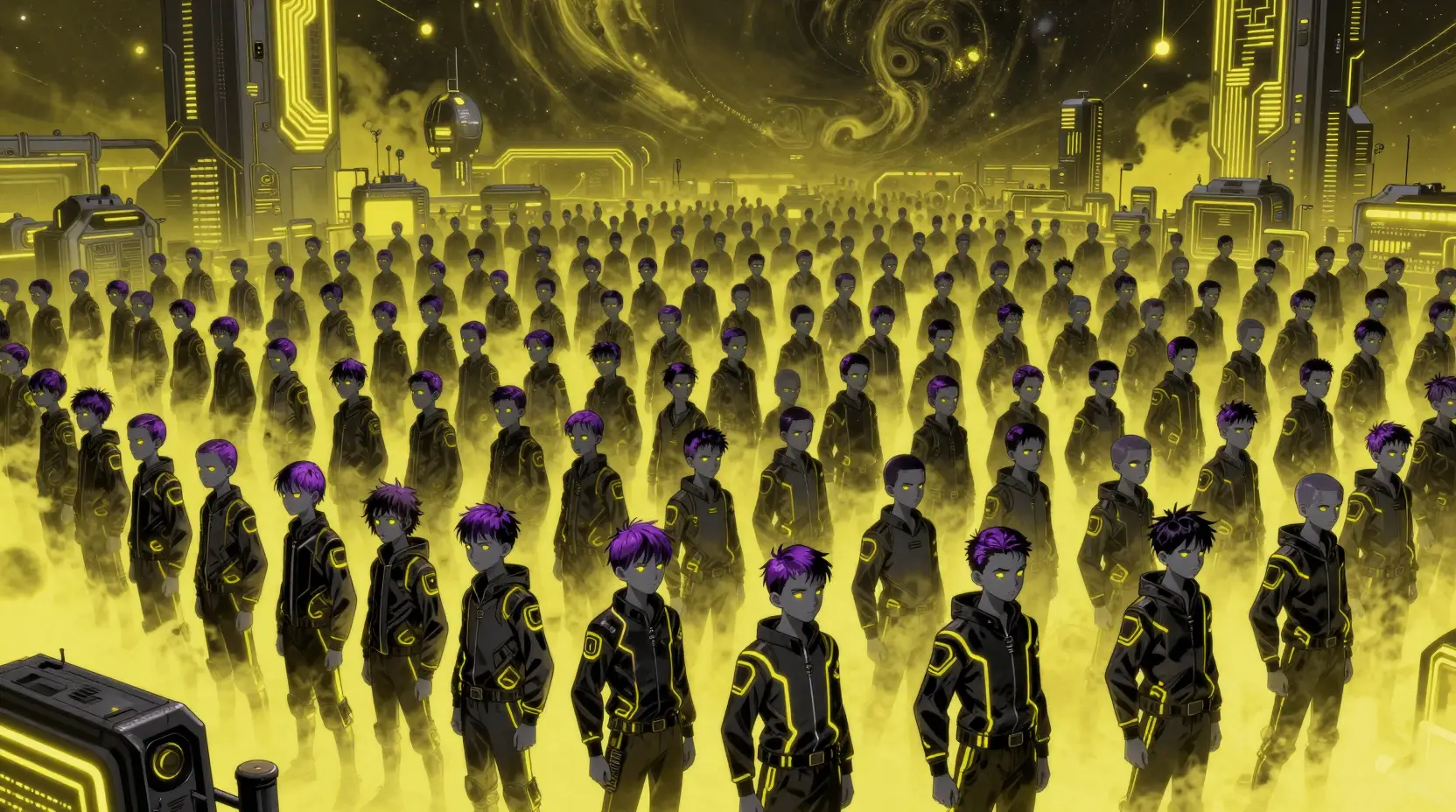 Riesige Menge futuristischer Teenager-Jungen unter neongelbem Himmel