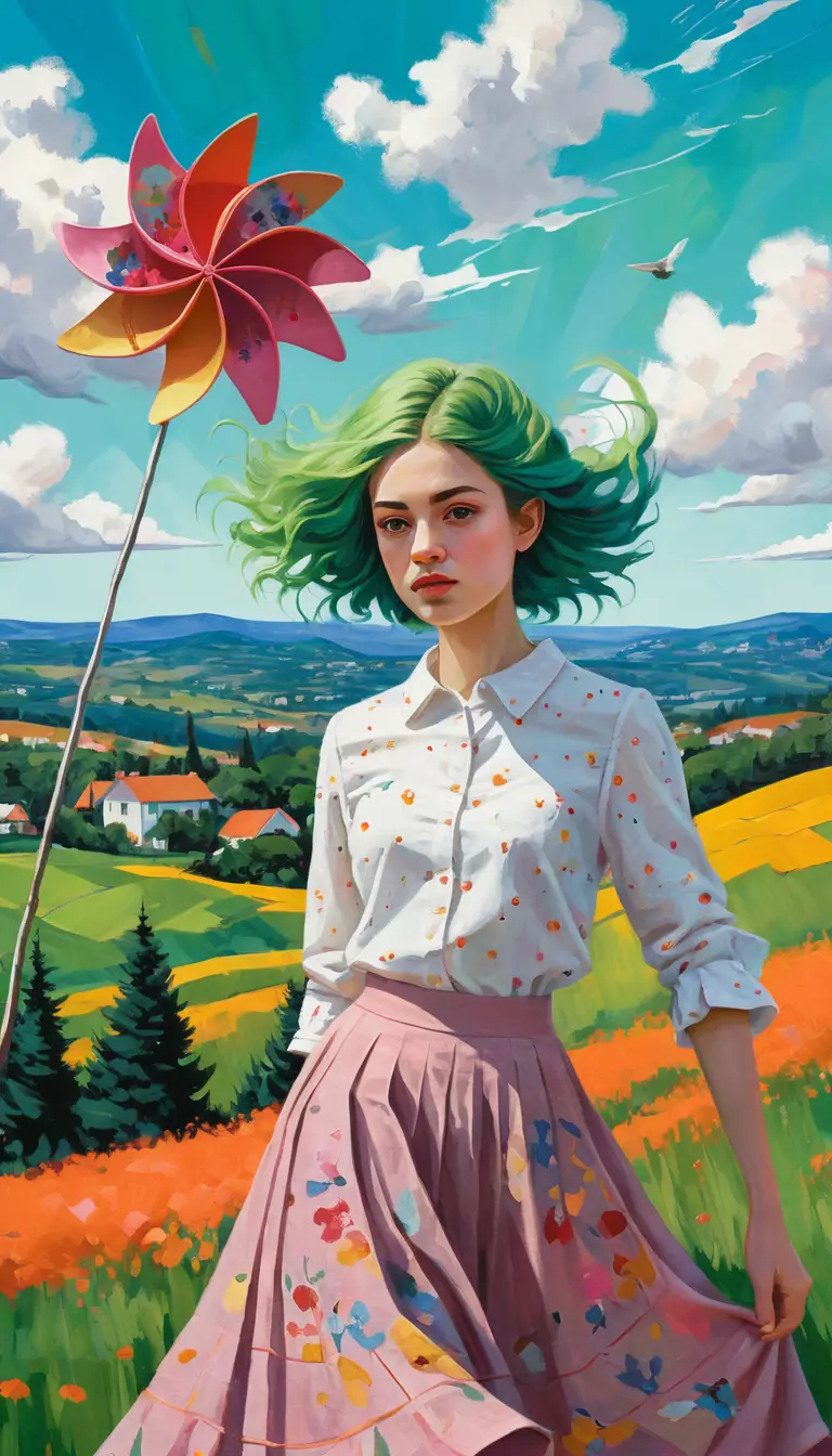 Green haired girl with floral skirt holding a red pinwheel