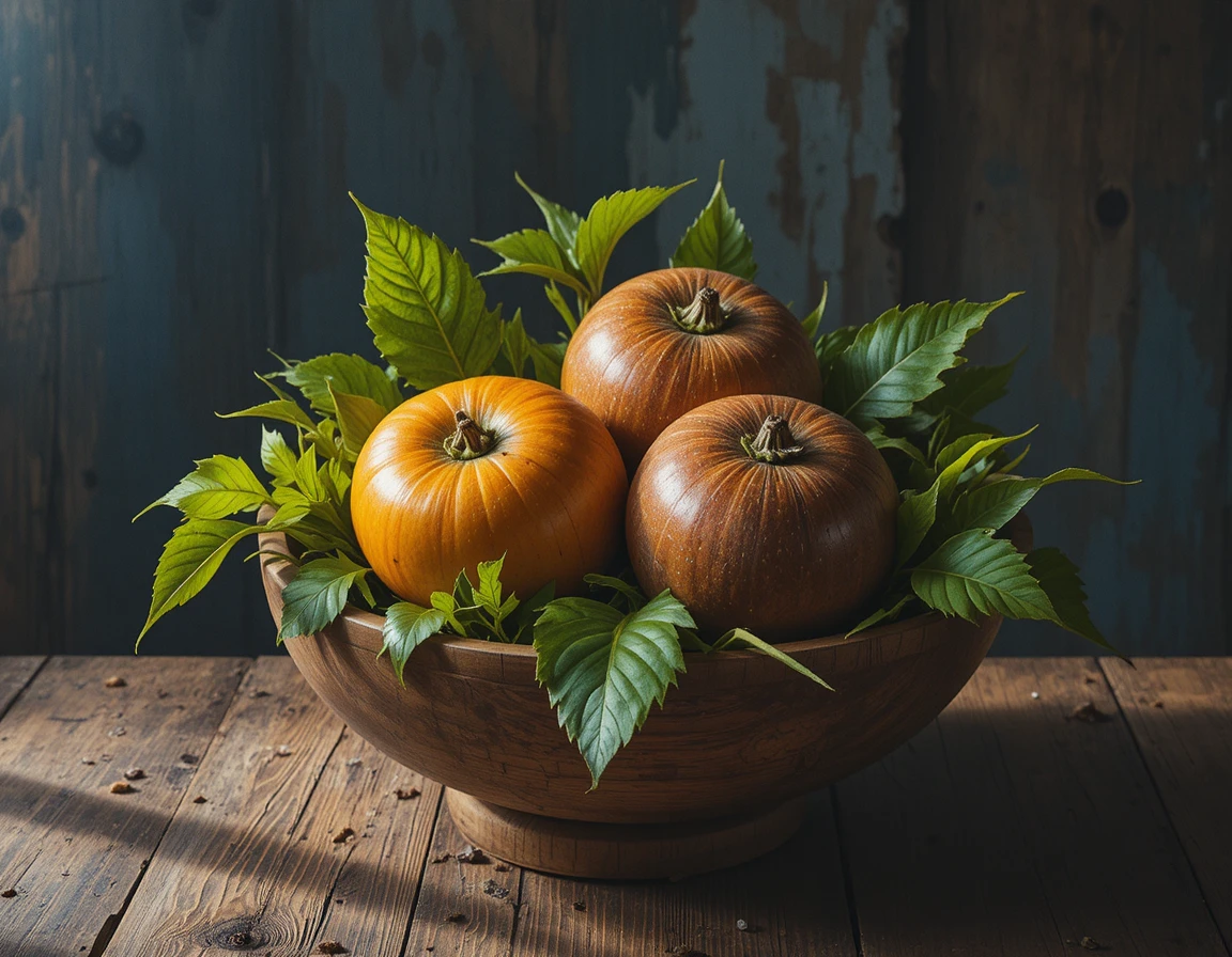 Brown eggs in wooden bowl with green leaves from above