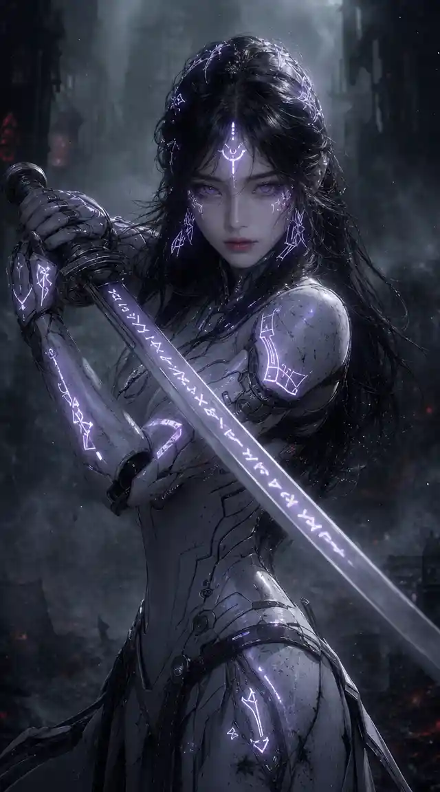 Melancholic cybernetic warrior woman with glowing runes