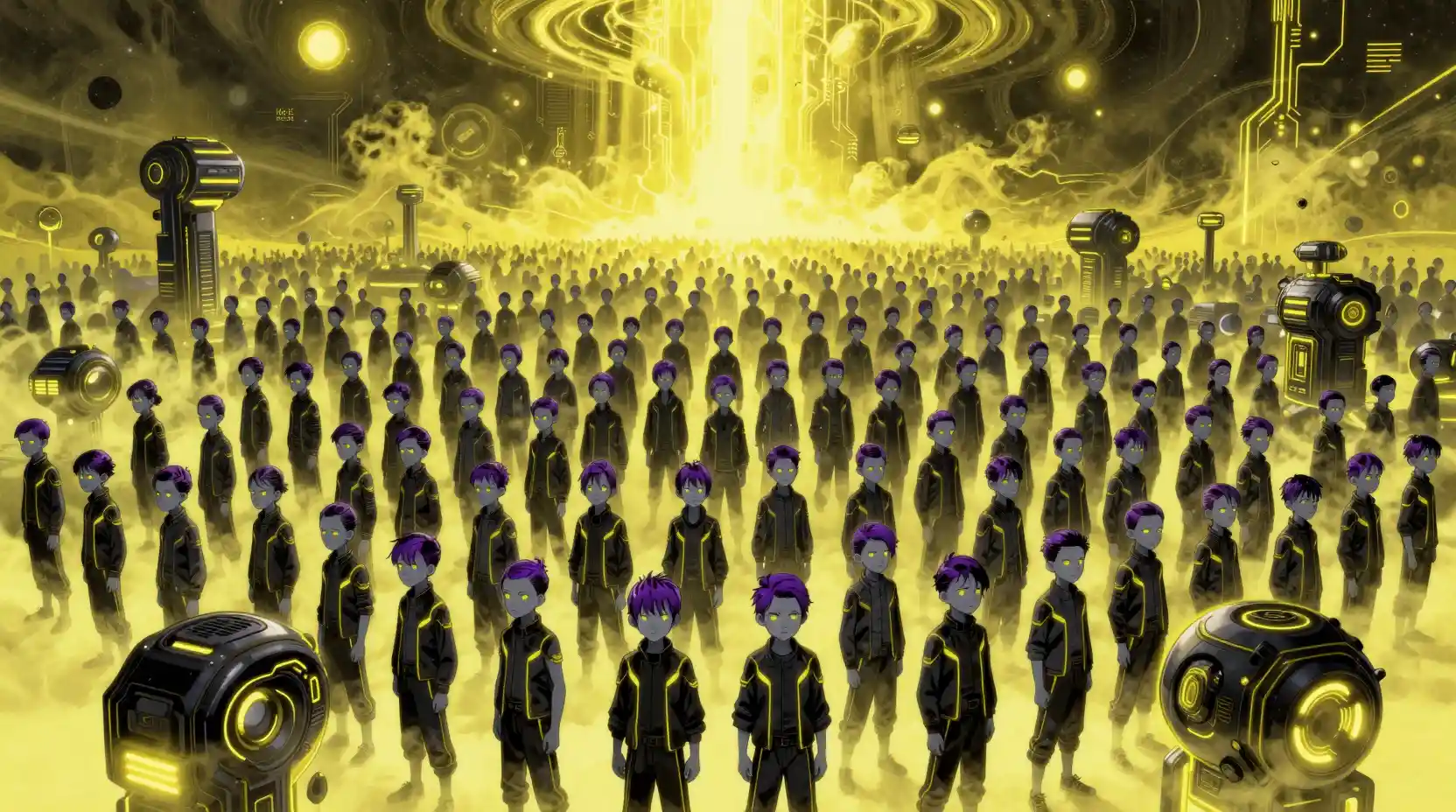 Vast crowd of neon eyed teens in cosmic yellow void