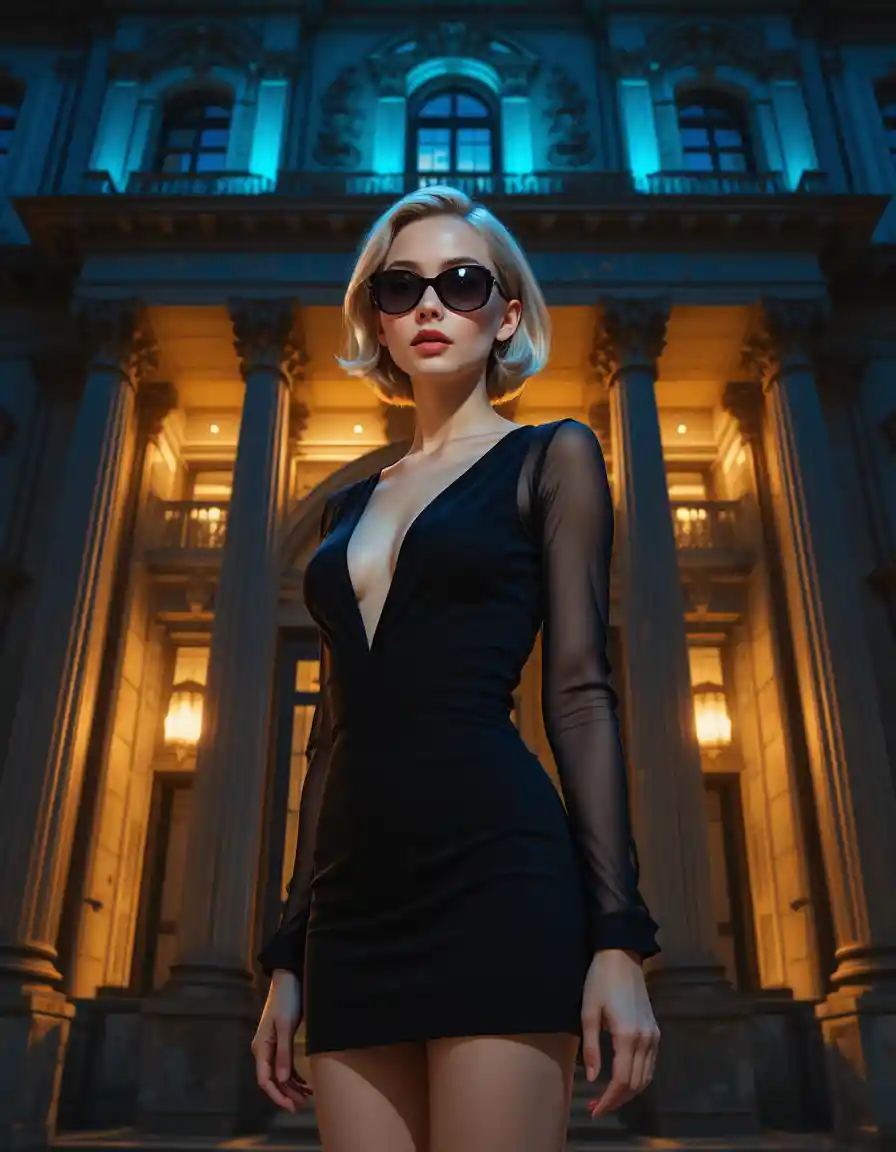 Young woman in black dress before baroque city facade