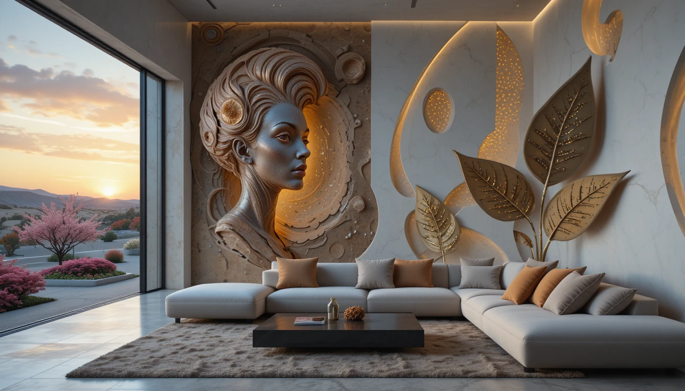 Modern living room with sculpted wall and desert sunset view
