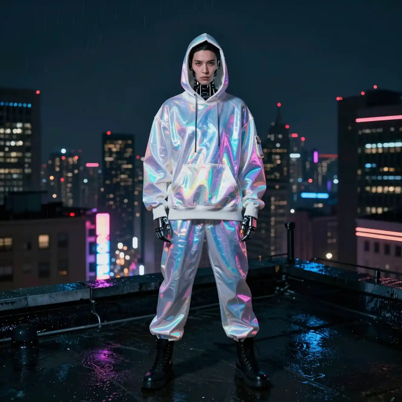 Male spy on neon lit rooftop in futuristic city