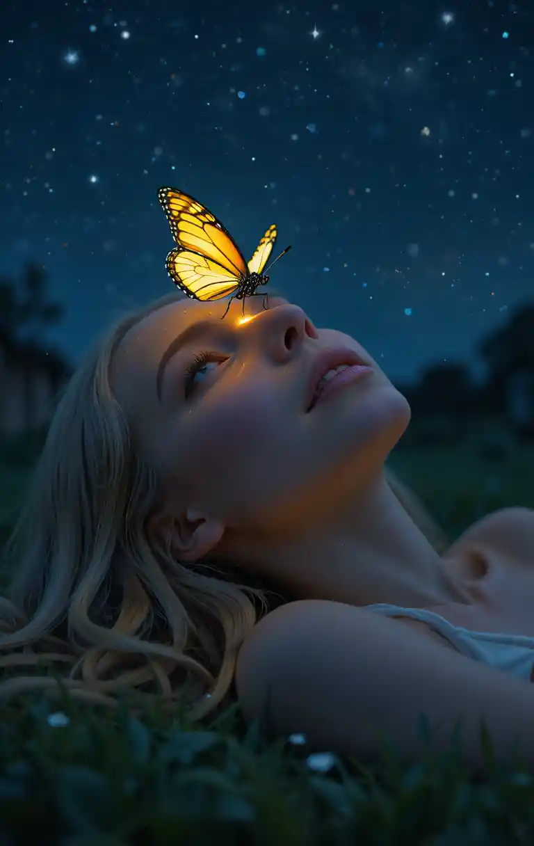 Glowing butterfly on a blonde girl under starry night sky