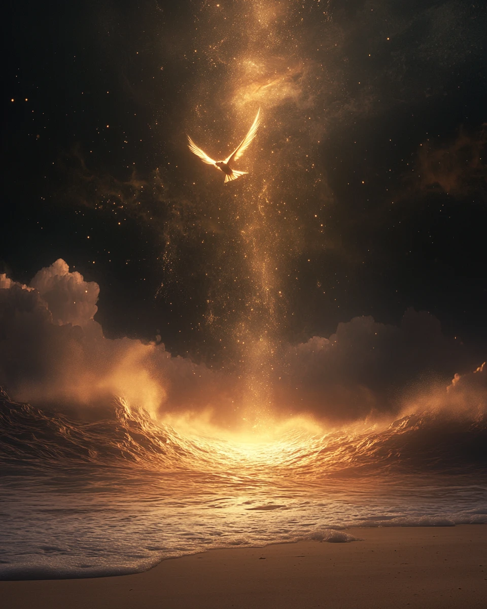 Swallow Of Light Particles Above A Vast Cosmic Sea