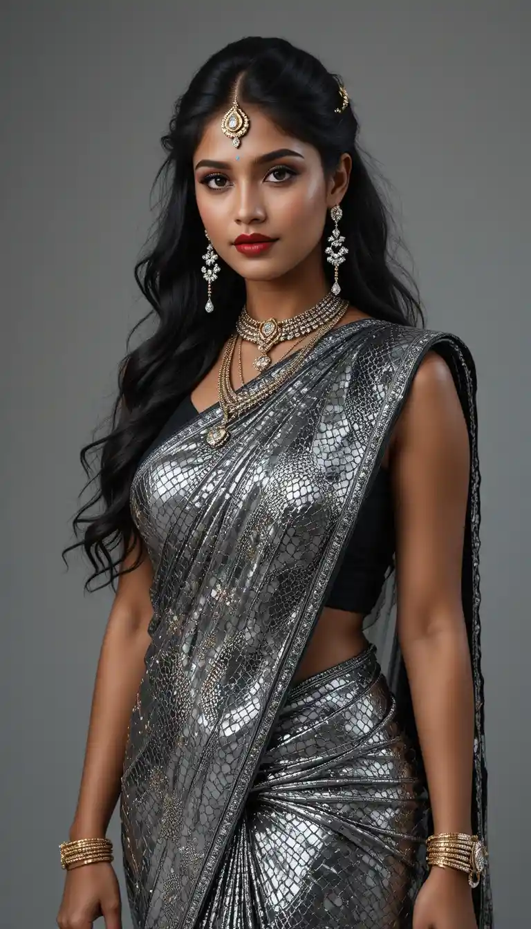 Indian woman in glossy black saree with wedding makeup