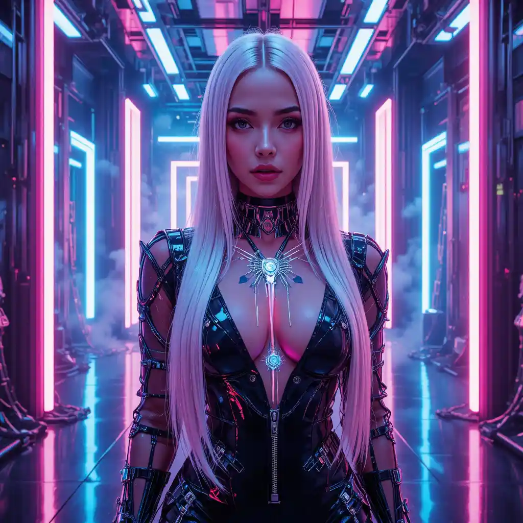 Cyberpunk heroine fashion portrait in neon studio