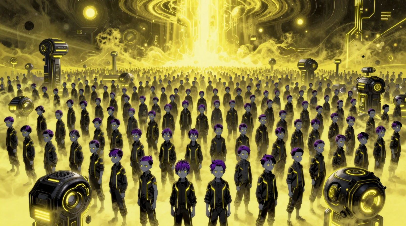 Vast crowd of neon eyed teens in cosmic yellow void