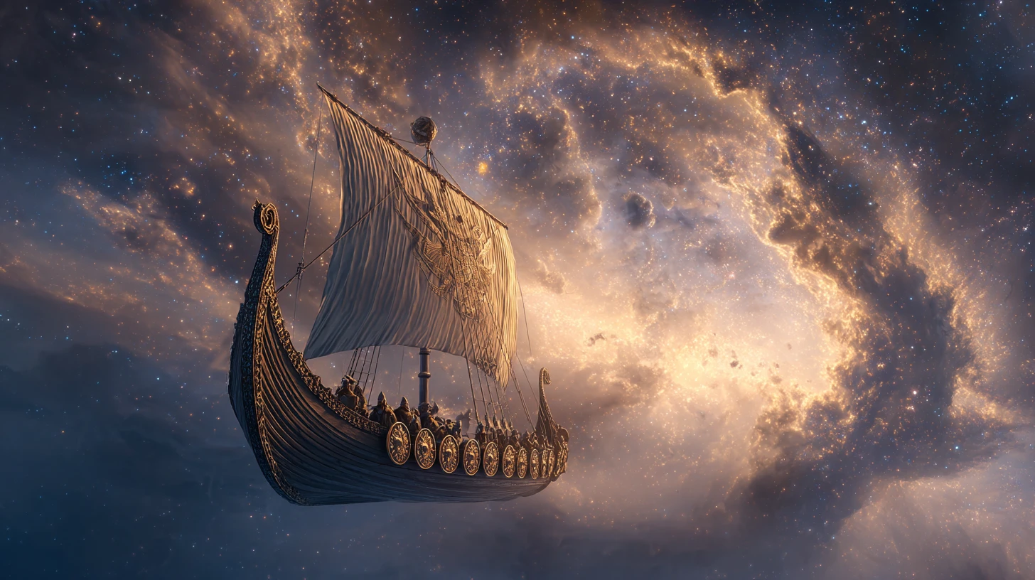 Viking longship sailing through a glowing cosmic nebula