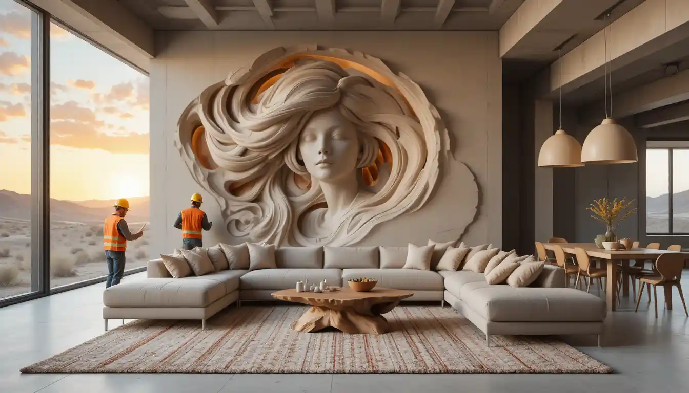 Modern living room with sculpted face wall and desert view