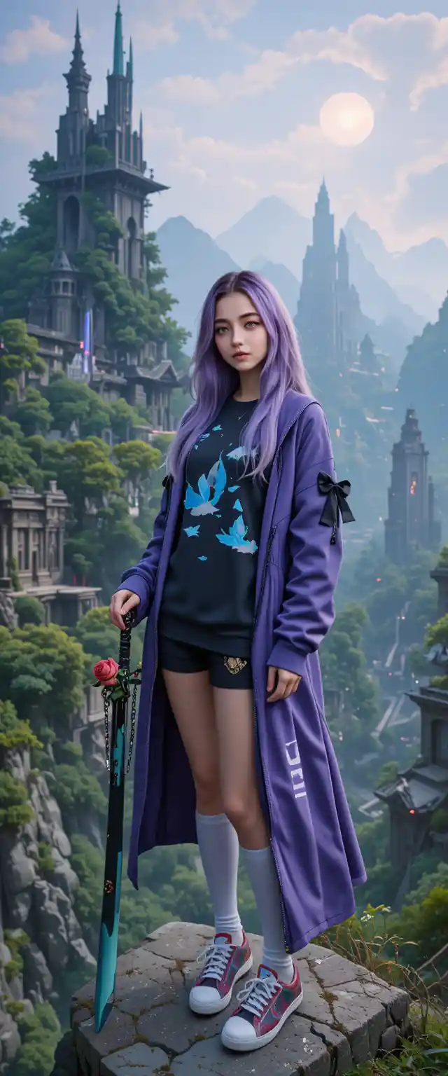 Ragazza anime con spada in piedi su una scogliera sopra la città