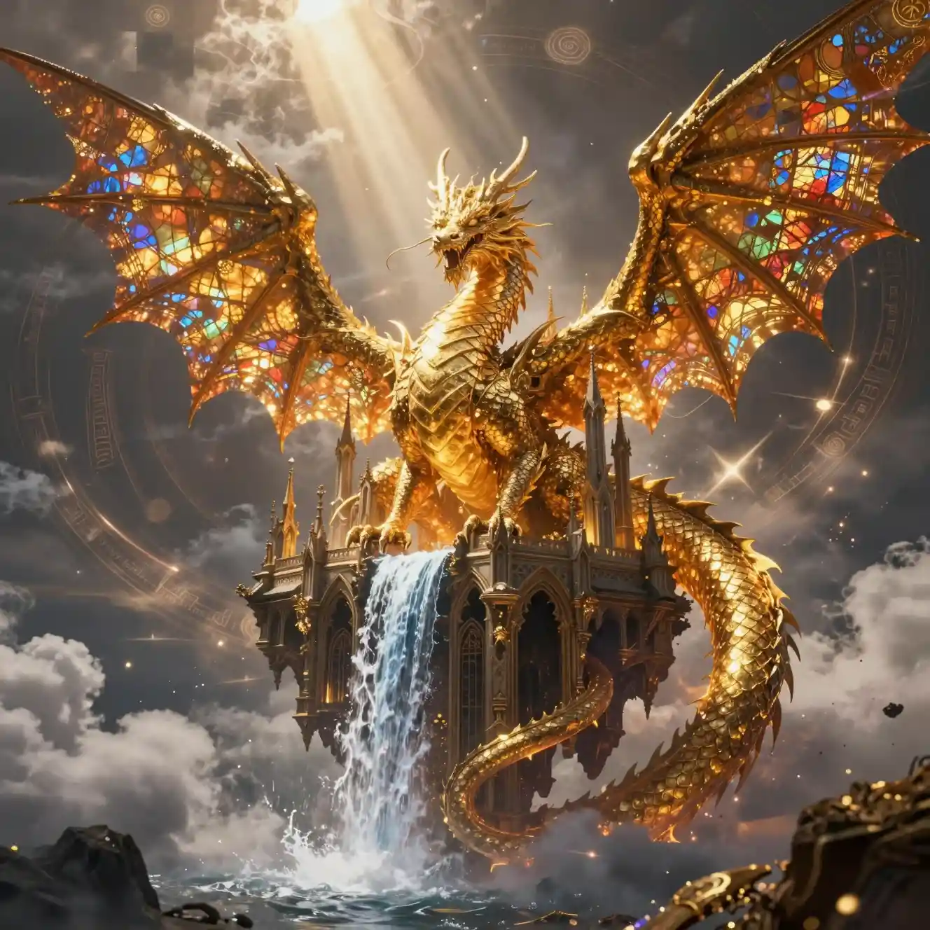 Celestial dragon guarding a floating gothic cathedral