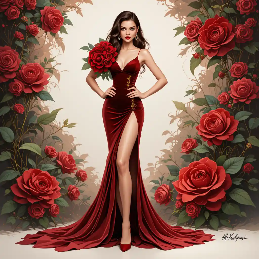 Elegant woman in red velvet gown with thigh high slit