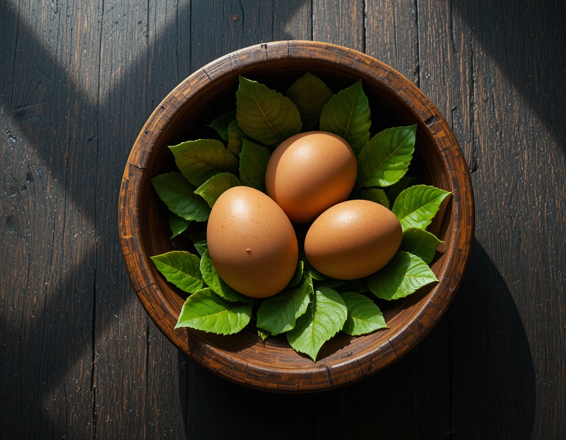Wooden bowl with brown eggs on dark rustic tabletop