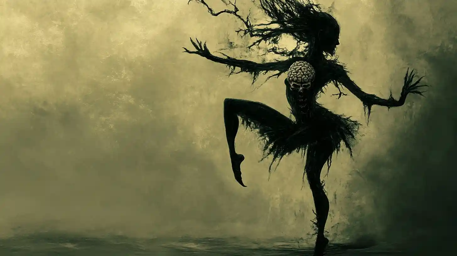 Surreal fae ballerina with monstrous stomach maw and brain