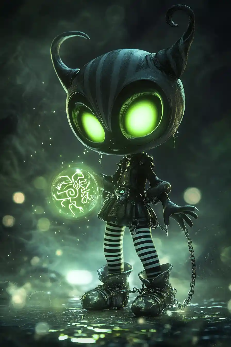 Chibi gothic demon girl with glowing green eyes