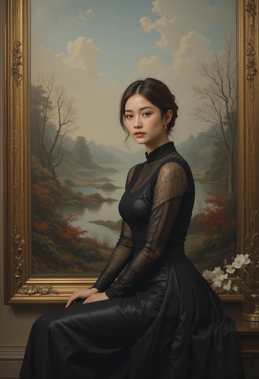 Elegant woman in black dress before ornate landscape painting