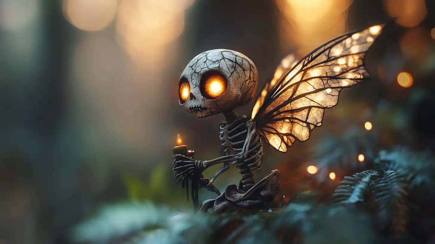 Tiny gothic fairy with glowing eyes in dark forest