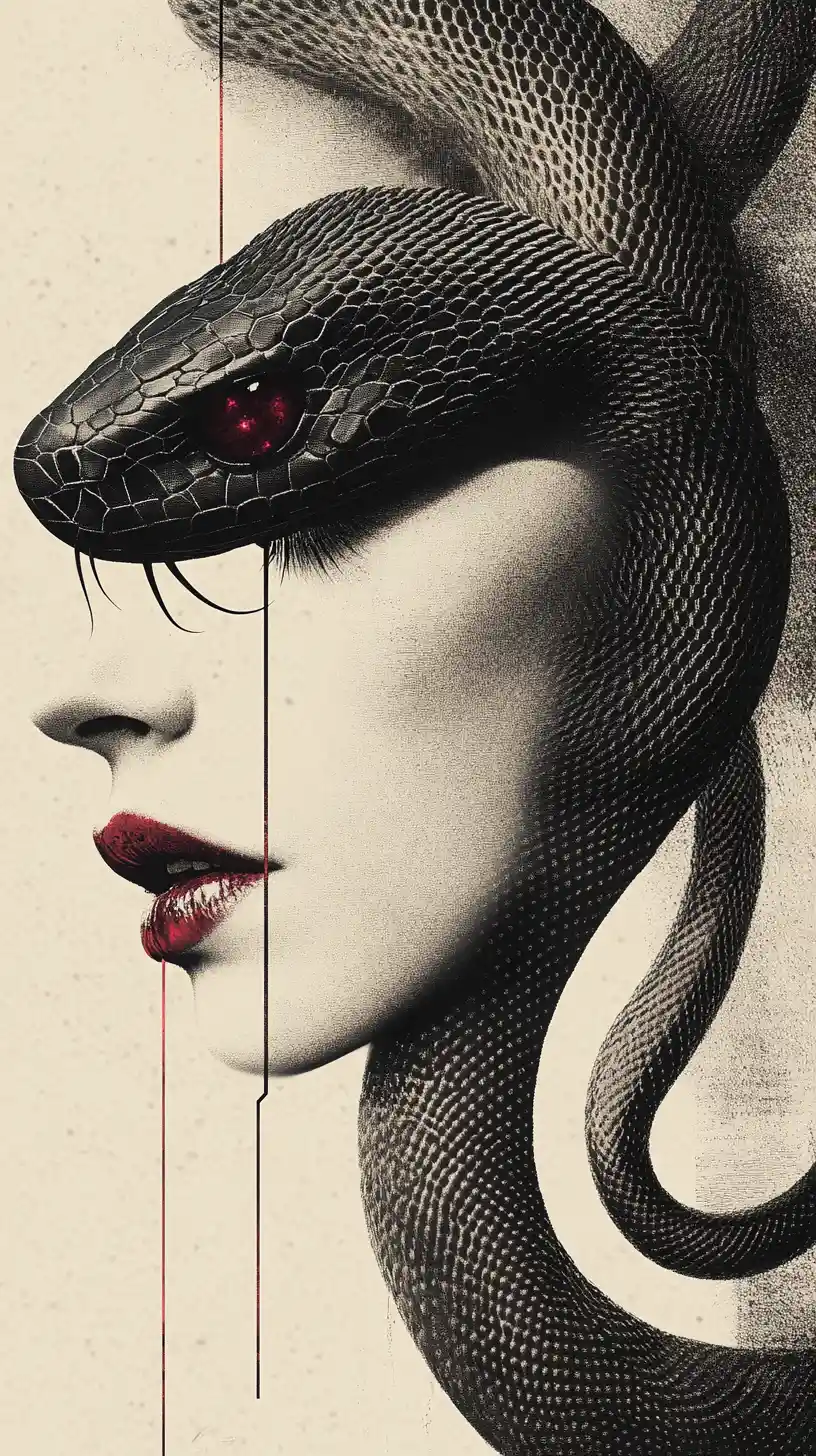Black serpent profile with ruby accents on pale background