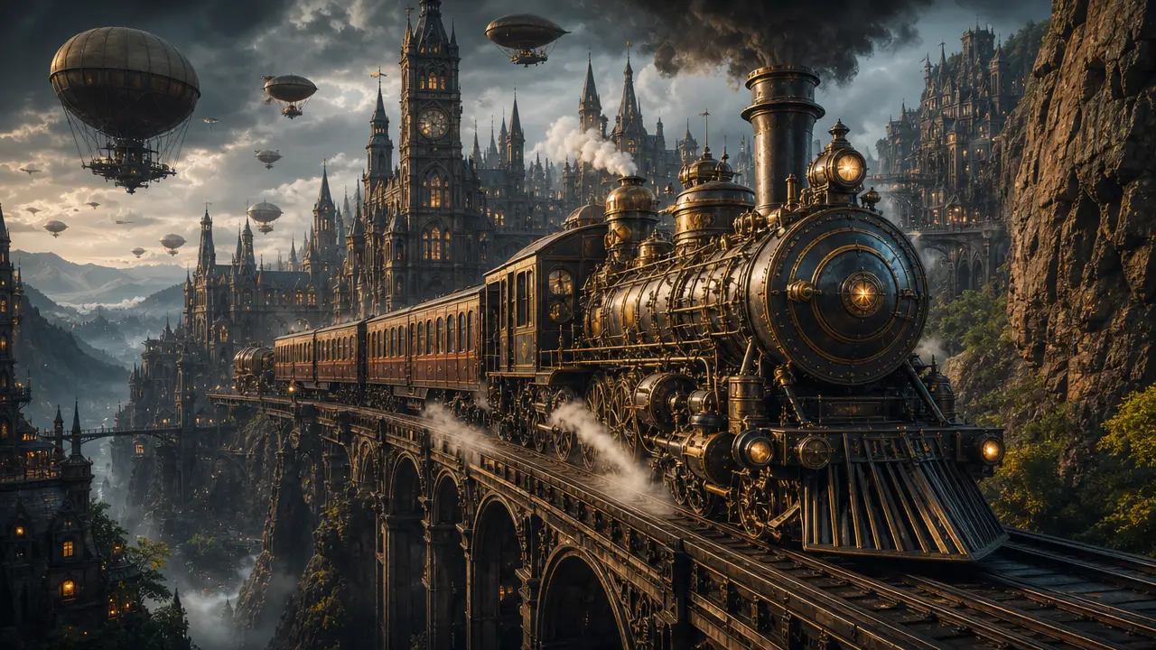 Steampunk train crossing a gothic city in dramatic light