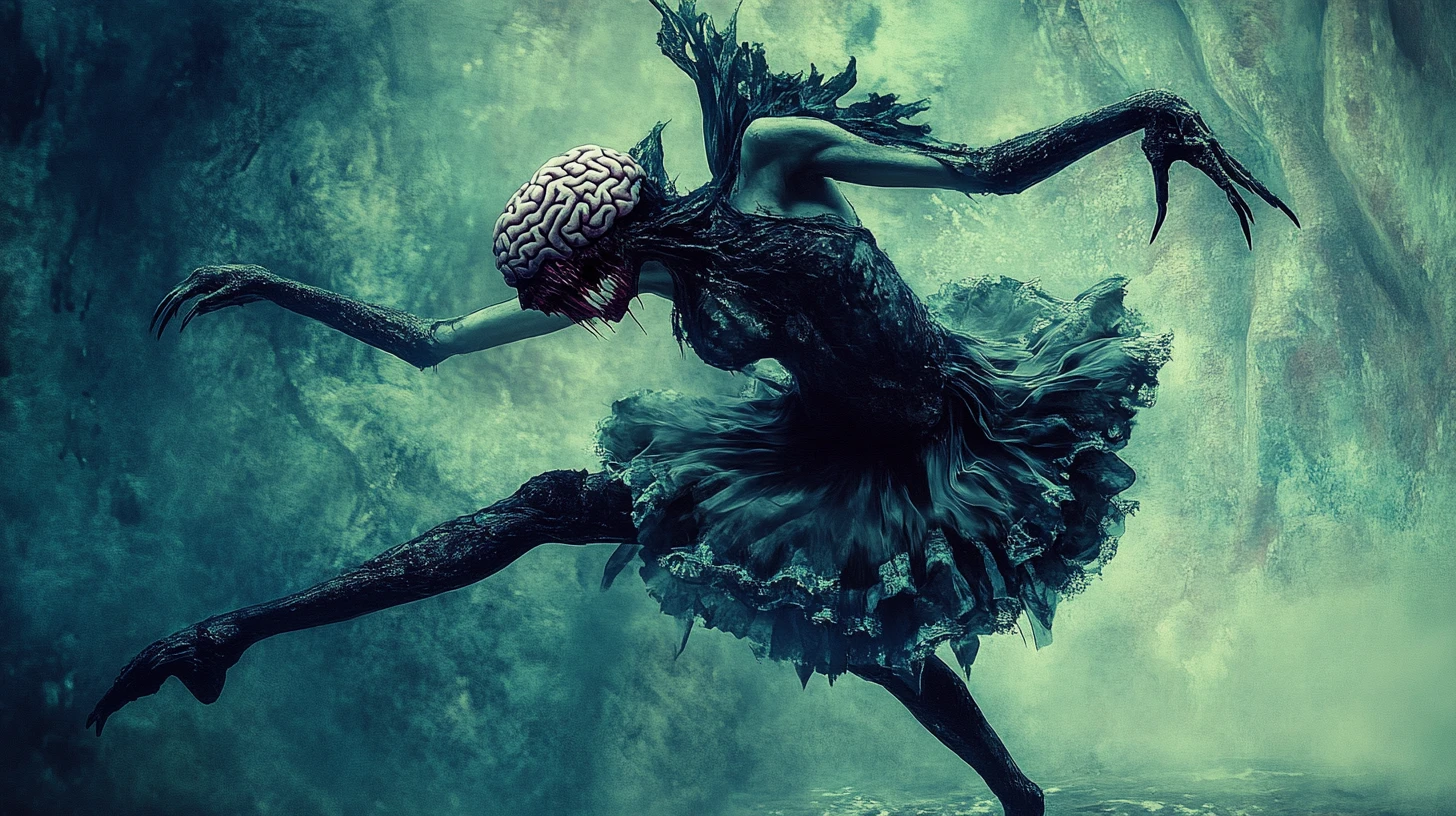 Surreal fae ballerina with monstrous stomach maw